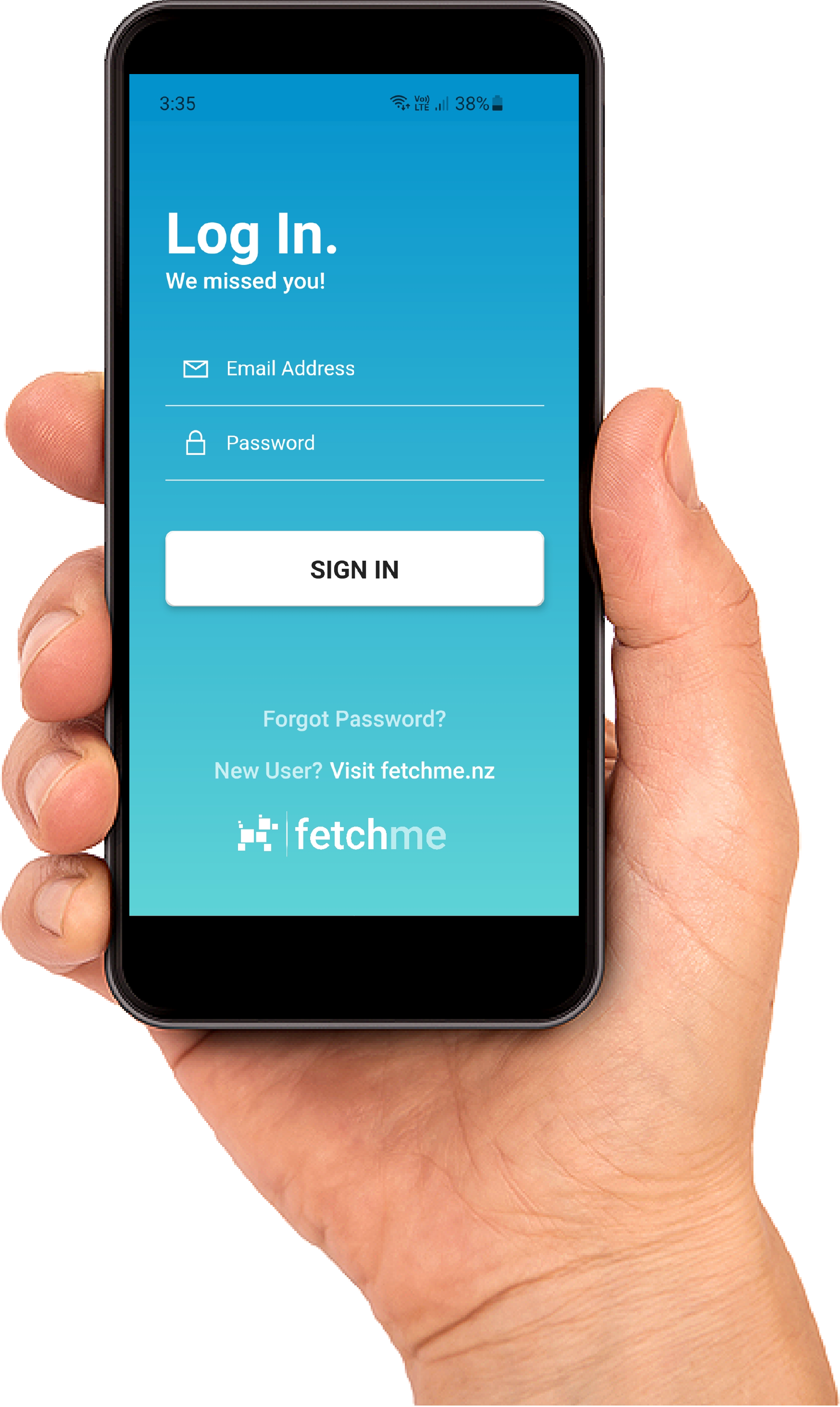 A mobile phone showing the login screen for the FetchMe app